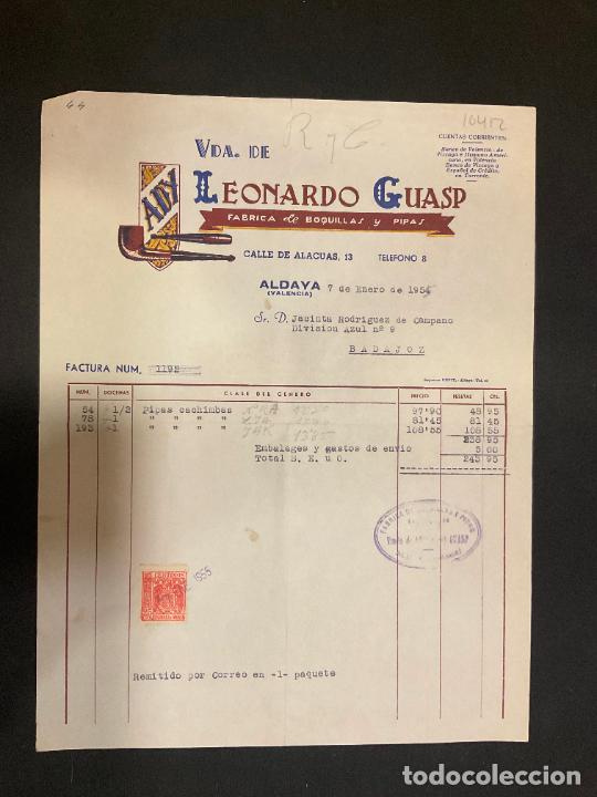 Old Invoices: FACTURA. VIUDA DE LEONARDO GUASP. BOQUILLAS Y PIPAS. ALDAYA. VALENCIA. 1955