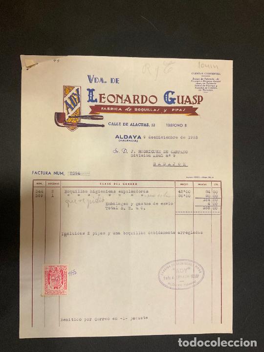 Old Invoices: FACTURA. VIUDA DE LEONARDO GUASP. BOQUILLAS Y PIPAS. ALDAYA. VALENCIA. 1955