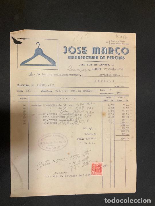 Old Invoices: FACTURA. JOSE MARCO. MANUFACTURA DE PERCHAS. JOSE LUIS DE ARRESE. ZARAGOZA 1955