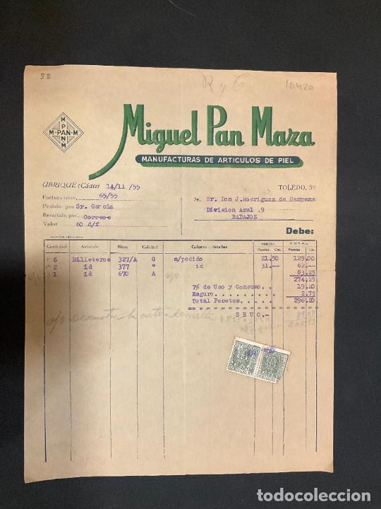 Old Invoices: FACTURA. MIGUEL PAN MAZA. MANUFACTURA DE ARTICULOS DE PIEL. UBRIQUE CADIZ 1955