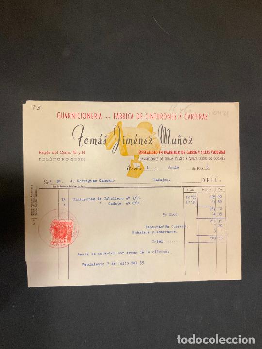 Old Invoices: FACTURA. TOMAS JIMENEZ MU&Ntilde;OZ. 1955. GUARNICIONERIA. CINTURONES Y CARTERAS. SEVILLA