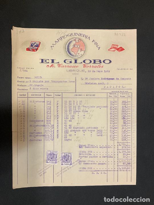 Old Invoices: FACTURA. MARROQUINERIA FINA. EL GLOBO. M. CARRASCO CORRALES. UBRIQUE. 1961