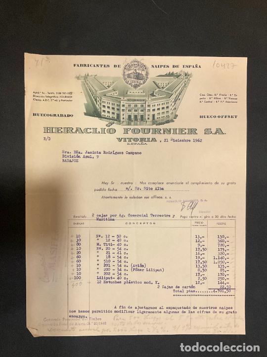 Old Invoices: FACTURA. HERACLIO FOURNIER. FABRICANTES DE NAIPES DE ESPA&Ntilde;A. VITORIA. 1962