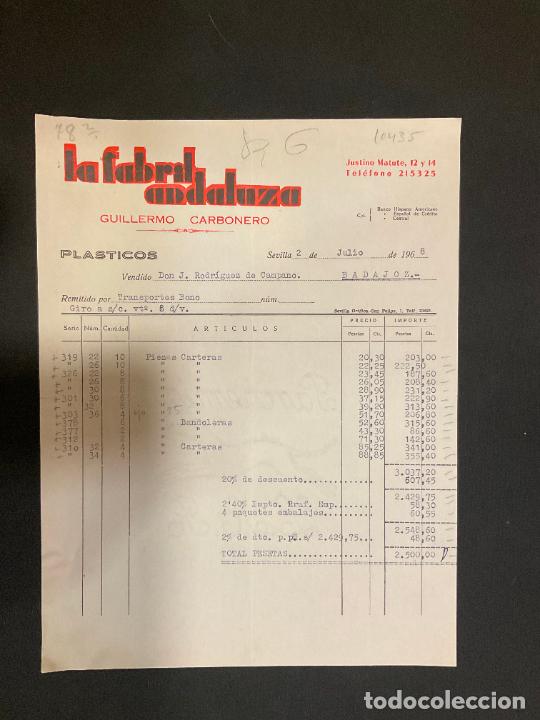 Old Invoices: FACTURA. LA FABRIL ANDALUZA. GUILLERMO CARBONERO. SEVILLA 1968. PLASTICOS