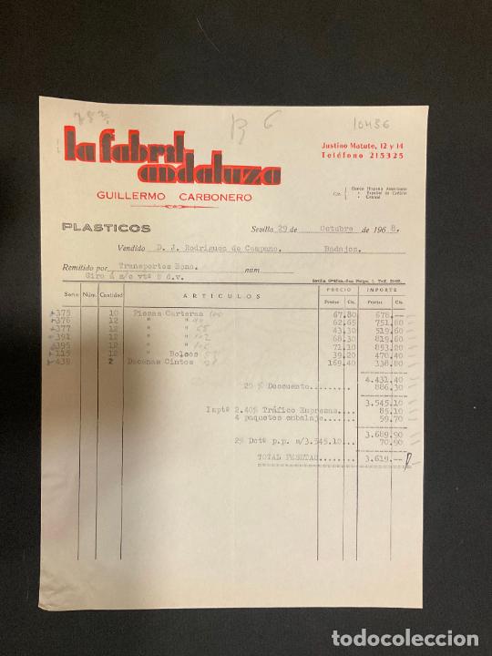 Old Invoices: FACTURA. LA FABRIL ANDALUZA. GUILLERMO CARBONERO. SEVILLA 1968. PLASTICOS