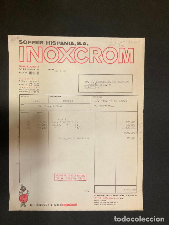 Old Invoices: FACTURA. SOFFER HISPANIA. BOLIGRAFOS INOXCROM. BARCELONA. 1970.