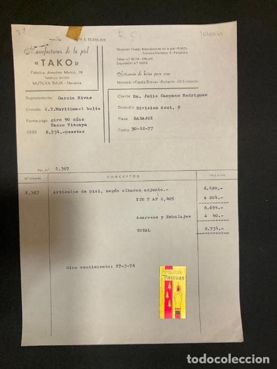 Old Invoices: FACTURA. MANUFACTUAS DE LA PIEL. TAKO. MUTILVA BAJA. NAVARRA. 1977. BOTAS DE VINO.