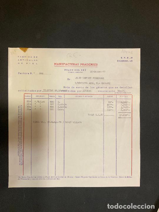 Old Invoices: FACTURA. MANUFACTUAS PRADENSES. ARTICULOS DE PIEL. PRADO DEL REY. CADIZ. 1977