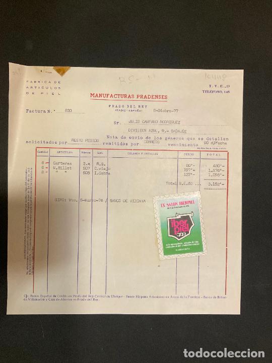 Old Invoices: FACTURA. MANUFACTUAS PRADENSES. ARTICULOS DE PIEL. PRADO DEL REY. CADIZ. 1977