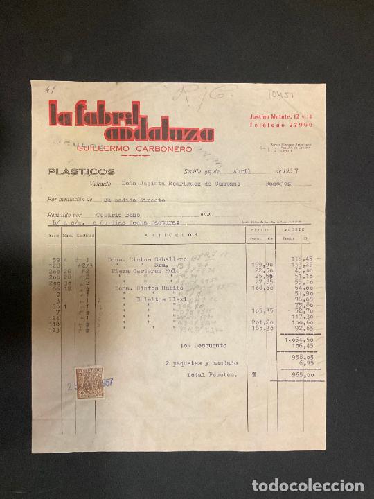 Old Invoices: FACTURA. LA FABRIL ANDALUZA. GUILLERMO CARBONERO. SEVILLA 1957. PLASTICOS