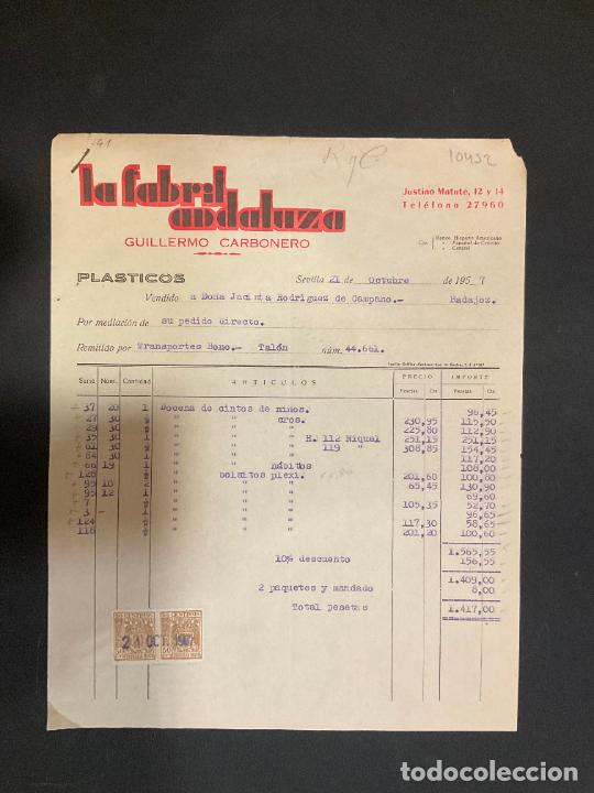 Old Invoices: FACTURA. LA FABRIL ANDALUZA. GUILLERMO CARBONERO. SEVILLA 1957. PLASTICOS
