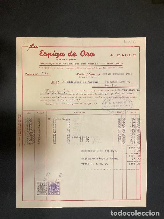 Old Invoices: FACTURA. LA ESPIGA DE ORO. A. DANUS. ARTICULOS DE METAL. MAHON. BALEARES 1962