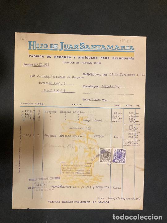 Old Invoices: FACTURA. HIJO DE JUAN SANTAMARIA. BROCHAS Y ARTICULOS PARA PELUQUERIA. BARCELONA. 1961