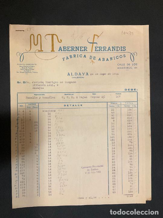 Factures anciennes: FACTURA. M TABERNER FERRANDIS. FABRICA DE ABANICOS. ALDAYA. VALENCIA. 1962