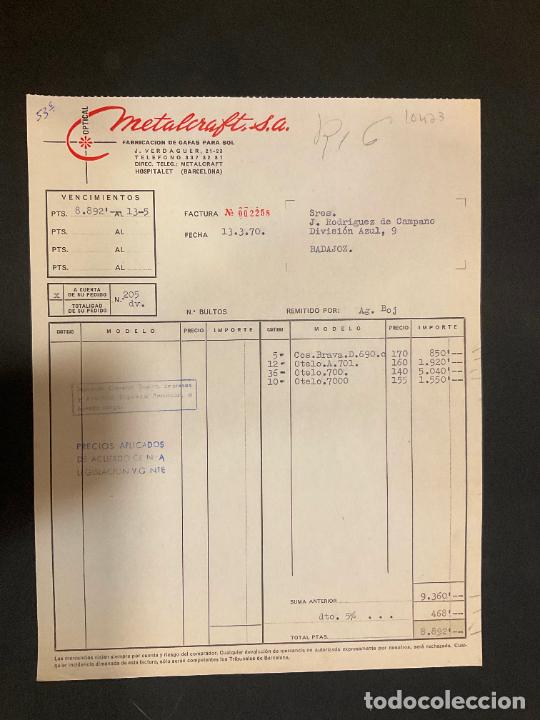 Factures anciennes: FACTURA. METALCRAFT. OPTICAL. ARMAZONES METALICOS PARA GAFAS. HOSPITALET. BARCELONA. 1970