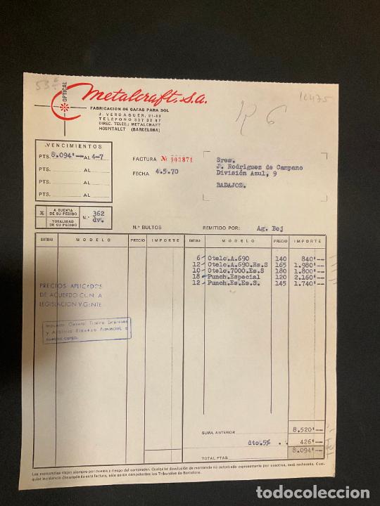 Factures anciennes: FACTURA. METALCRAFT. OPTICAL. ARMAZONES METALICOS PARA GAFAS. HOSPITALET. BARCELONA. 1970