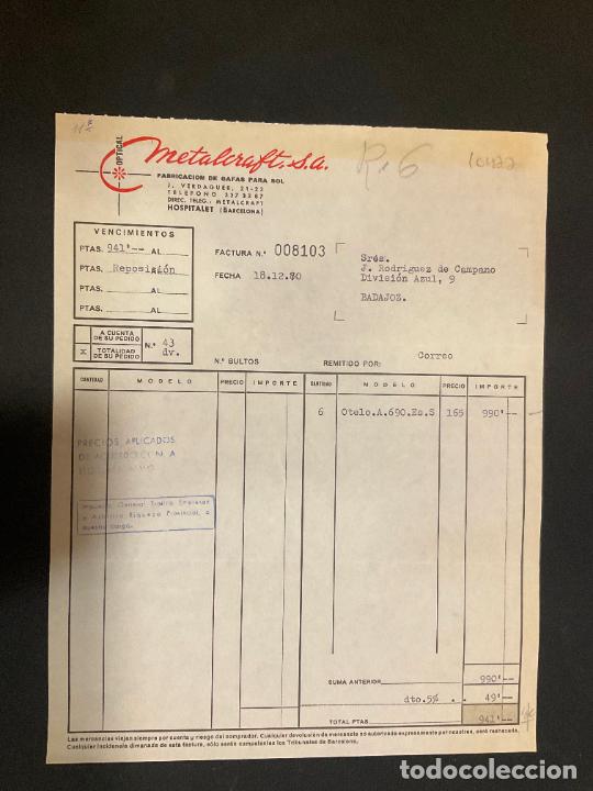 Factures anciennes: FACTURA. METALCRAFT. OPTICAL. ARMAZONES METALICOS PARA GAFAS. HOSPITALET. BARCELONA. 1970