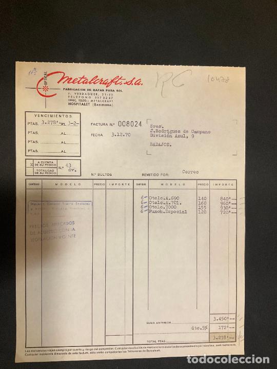 Factures anciennes: FACTURA. METALCRAFT. OPTICAL. ARMAZONES METALICOS PARA GAFAS. HOSPITALET. BARCELONA. 1970