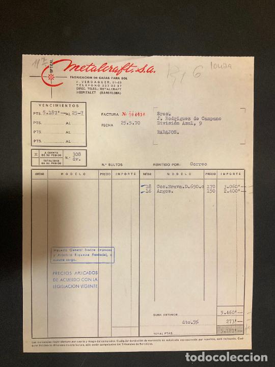 Factures anciennes: FACTURA. METALCRAFT. OPTICAL. ARMAZONES METALICOS PARA GAFAS. HOSPITALET. BARCELONA. 1970