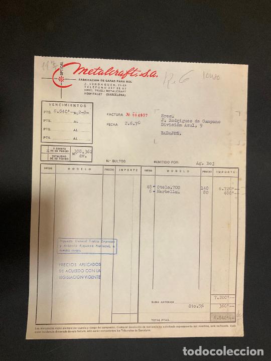 Factures anciennes: FACTURA. METALCRAFT. OPTICAL. ARMAZONES METALICOS PARA GAFAS. HOSPITALET. BARCELONA. 1970