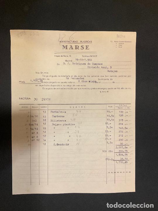 Old Invoices: FACTURA. MANUFACTURAS PLASTICAS. MARSE. MADRID. 1966. BOLSOS.