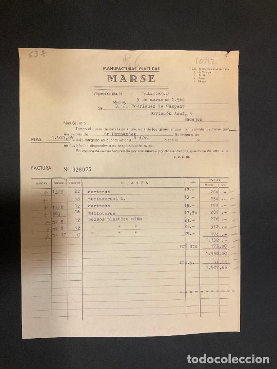 Old Invoices: FACTURA. MANUFACTURAS PLASTICAS. MARSE. MADRID. 1966. BOLSOS.