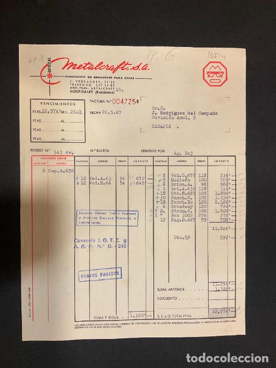 Old Invoices: FACTURA. METALCRAFT. OPTICAL. ARMAZONES METALICOS PARA GAFAS. HOSPITALET. BARCELONA. 1967