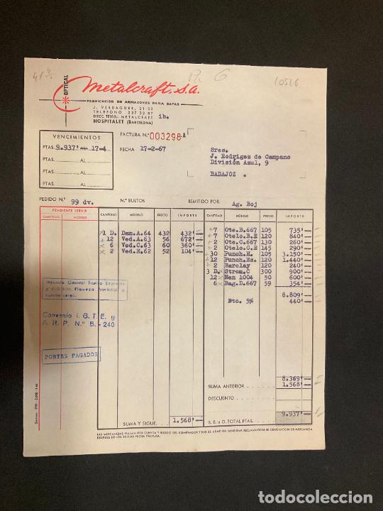 Old Invoices: FACTURA. METALCRAFT. OPTICAL. ARMAZONES METALICOS PARA GAFAS. HOSPITALET. BARCELONA. 1967