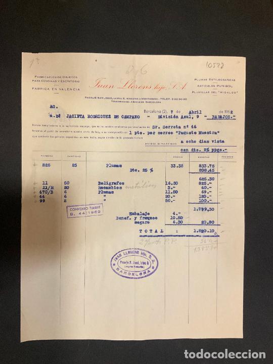 Old Invoices: FACTURA. JUAN LLORERAS HIJO. OBJETOS PARA OFICINA Y ESCRITORIO. BARCELONA 1962