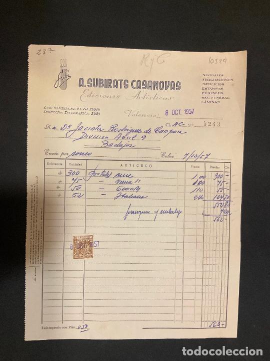 Old Invoices: FACTURA. A. SUBIRATS CASANOVAS. EDICIONES ARTISTICAS. VALENCIA. 1957. NAVIDADES. FELICITACIONES