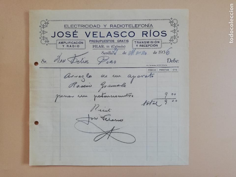 Old Invoices: FACTURA. ELECTRICIDAD Y RADIOTELEFONIA. JOSE VELASCO RIOS. SEVILLA, 1936.