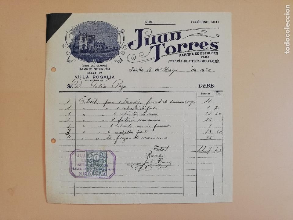 Old Invoices: FACTURA. FABRICA DE ESTUCHES PARA JOYERIA-PLATERIA Y RELOJERIA. JUAN TORRES. SEVILLA, 1936.