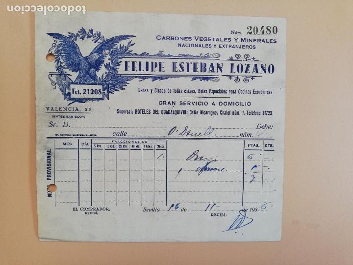 Old Invoices: FACTURA. CARBONES VEGETALES Y MINERALES. FELIPE ESTEBAN LOZANO. SEVILLA, 1936.