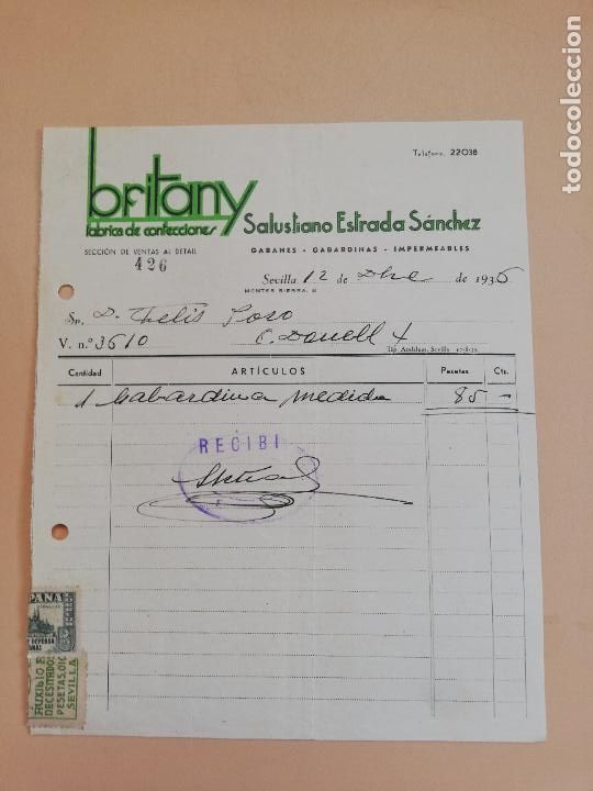 Old Invoices: FACTURA. FABRICA DE CONFECCIONES BRITANY. SALUSTIANO ESTRADA SANCHEZ. SEVILLA, 1936.