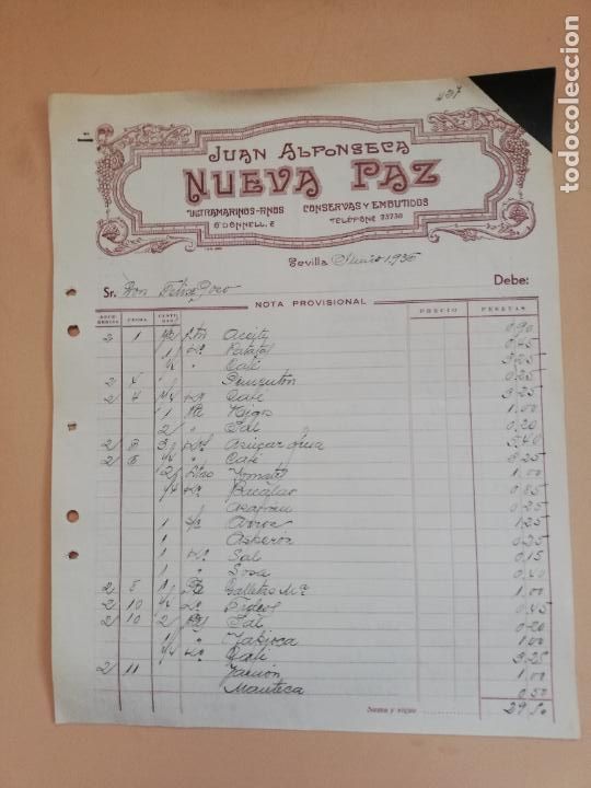 Old Invoices: FACTURA. CONSERVAS Y EMBUTIDOS. NUEVA PAZ. JUAN ALFONSECA. SEVILLA, 1936. DOS HOJAS.