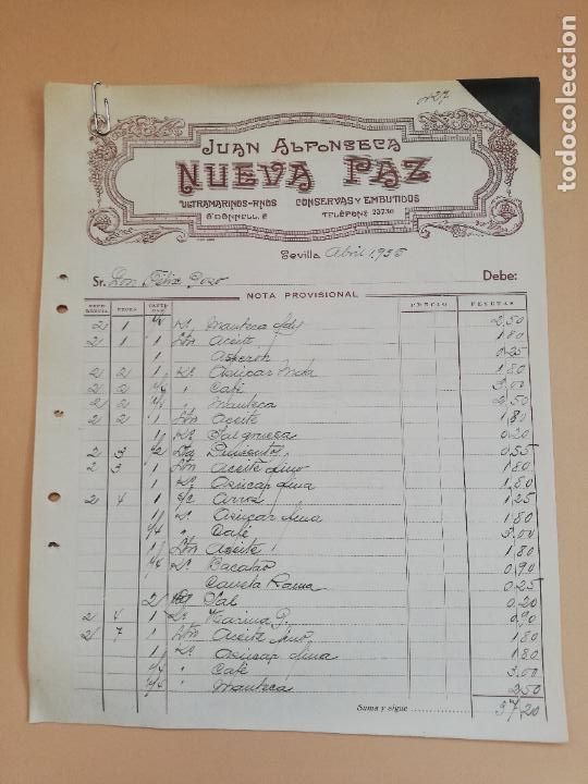 Old Invoices: FACTURA. CONSERVAS Y EMBUTIDOS. NUEVA PAZ. JUAN ALFONSECA. SEVILLA, 1936. DOS HOJAS.