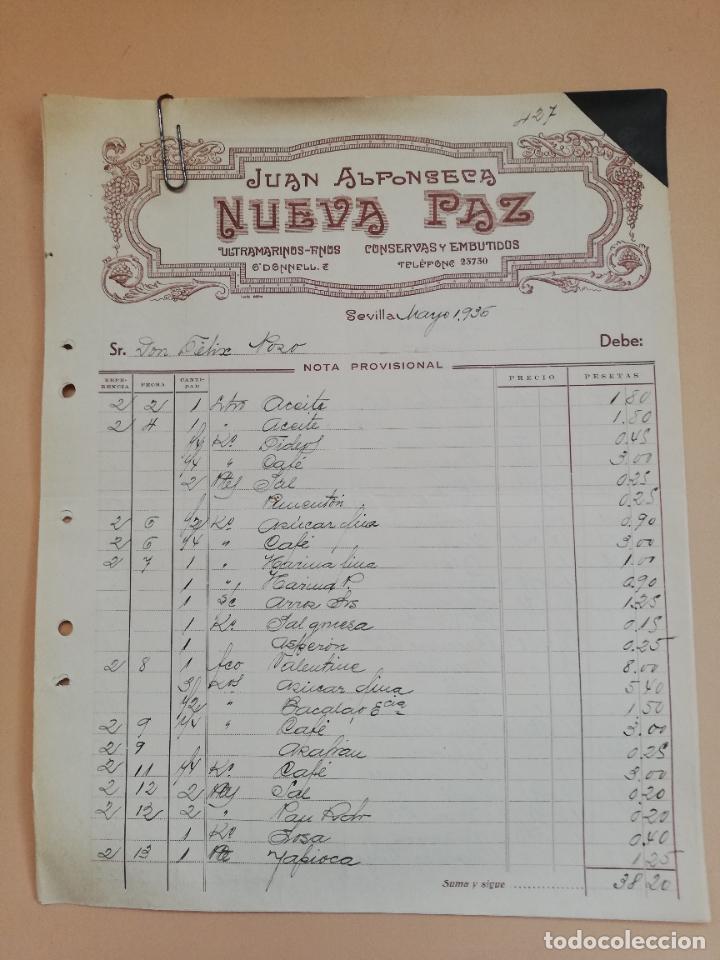 Old Invoices: FACTURA. CONSERVAS Y EMBUTIDOS. NUEVA PAZ. JUAN ALFONSECA. SEVILLA, 1936. DOS HOJAS.