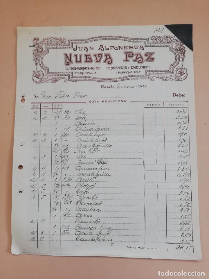 Old Invoices: FACTURA. CONSERVAS Y EMBUTIDOS. NUEVA PAZ. JUAN ALFONSECA. SEVILLA, 1936. TRES HOJAS.