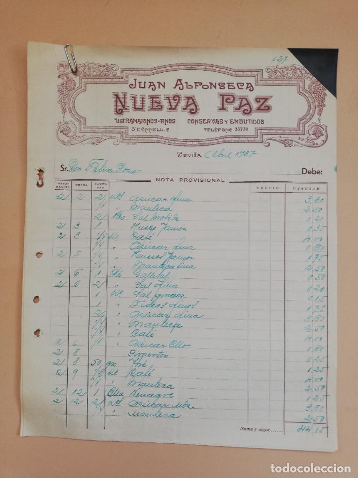 Old Invoices: FACTURA. CONSERVAS Y EMBUTIDOS. NUEVA PAZ. JUAN ALFONSECA. SEVILLA, 1937. DOS HOJAS.