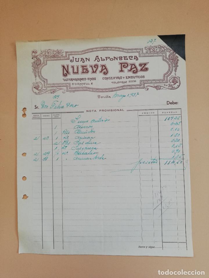 Old Invoices: FACTURA. CONSERVAS Y EMBUTIDOS. NUEVA PAZ. JUAN ALFONSECA. SEVILLA, 1937.