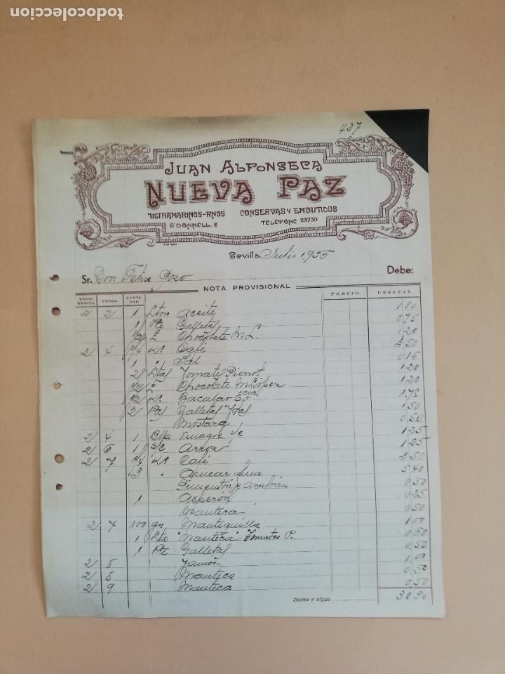 Old Invoices: FACTURA. CONSERVAS Y EMBUTIDOS. NUEVA PAZ. JUAN ALFONSECA. SEVILLA, 1935. DOS HOJAS.