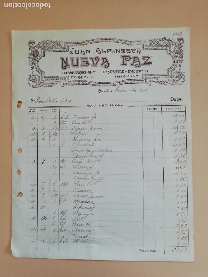 Old Invoices: FACTURA. CONSERVAS Y EMBUTIDOS. NUEVA PAZ. JUAN ALFONSECA. SEVILLA, 1938.