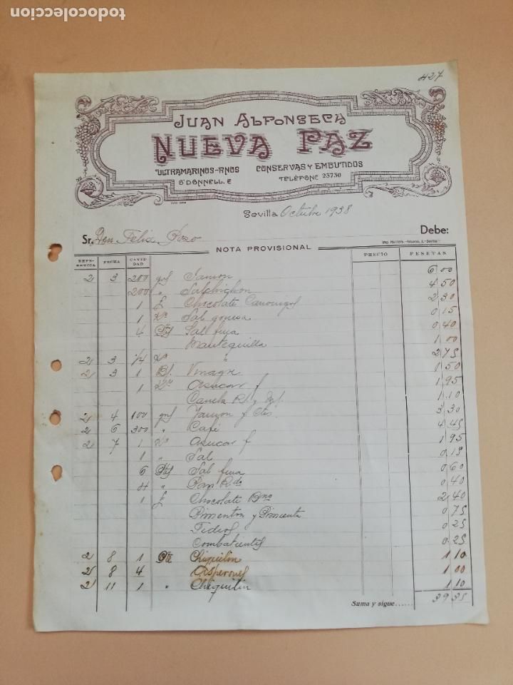 Old Invoices: FACTURA. CONSERVAS Y EMBUTIDOS. NUEVA PAZ. JUAN ALFONSECA. SEVILLA, 1938.