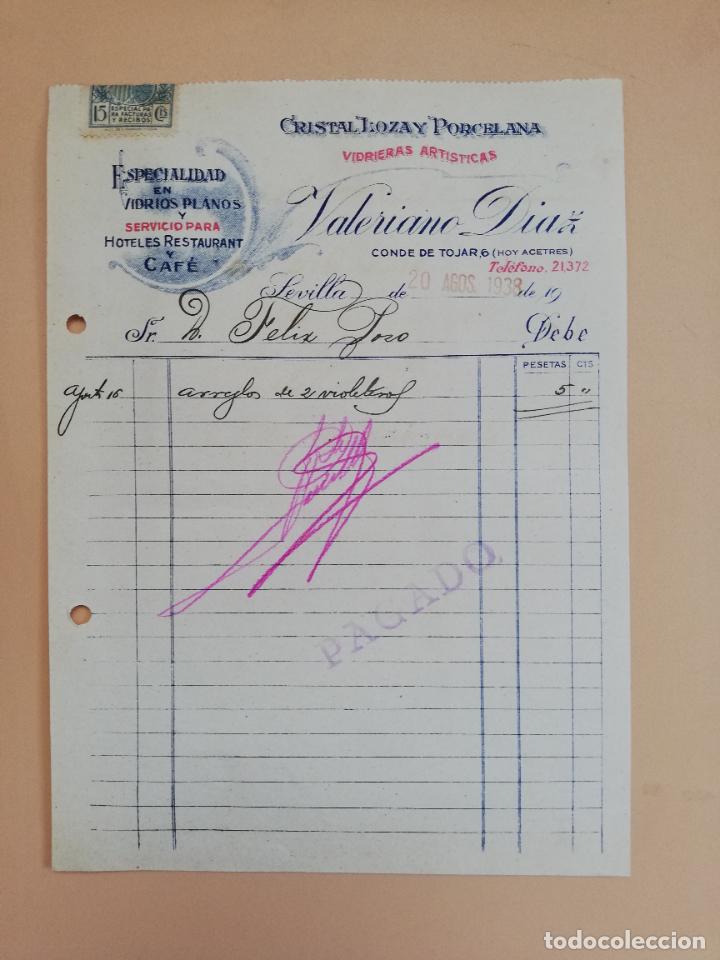 Old Invoices: FACTURA. VIDRIERAS ARTISTICAS. CRISAL, LOZA Y PORCELANA. VALERIANO DIAZ. SEVILLA, 1938.