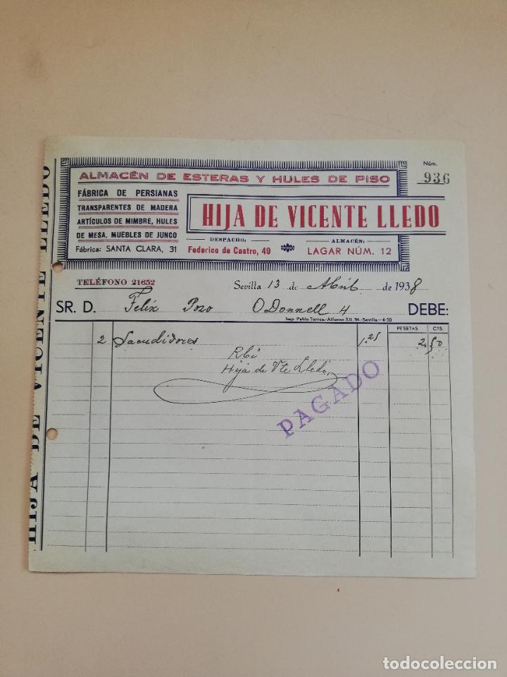 Factures anciennes: FACTURA. ALMACEN DE ESTERAS Y HULES DE PISO. HIJA DE VICENTE LLEDO. SEVILLA, 1938.