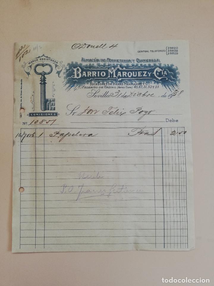 Old Invoices: FACTURA. ALMACEN DE FERRETERIA Y QUINCALLA. BARRIO MARQUEZ Y CIA. SEVILLA, 1938.