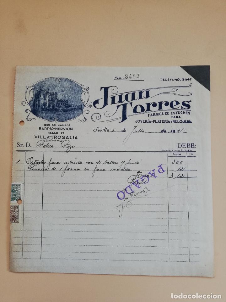Old Invoices: FACTURA. FABRICA DE ESTUCHES PARA JOYERIA-PLATERIA Y RELOJERIA. JUAN TORRES. SEVILLA, 1941.