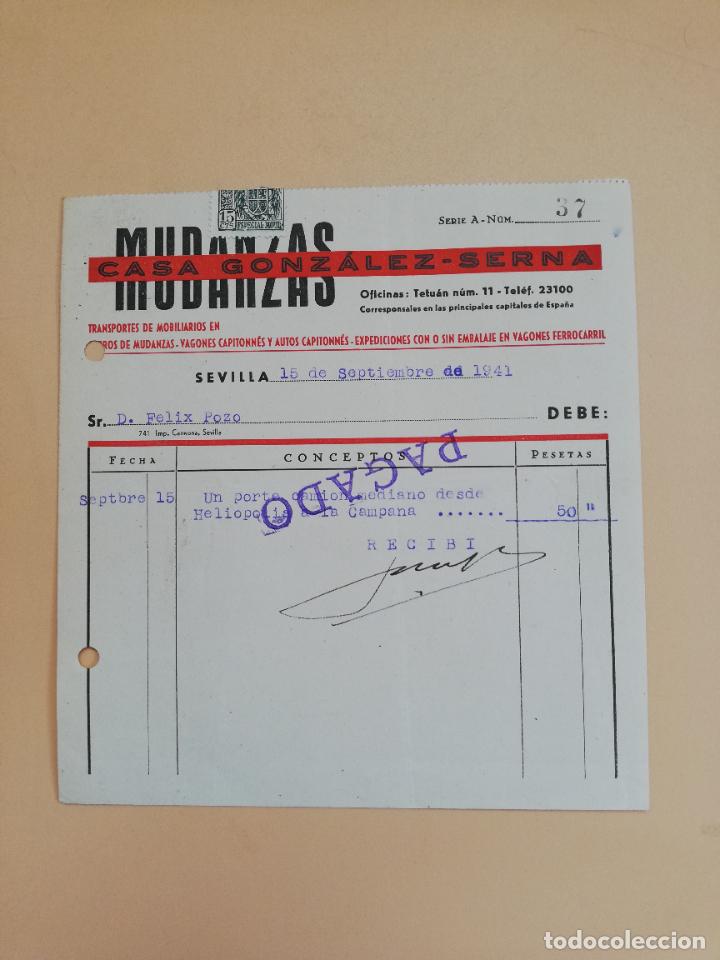 Old Invoices: FACTURA. TRANSPORTES DE MOBILIARIOS EN MUDANZAS. CASA GONZALEZ-SERNA. SEVILLA, 1941.