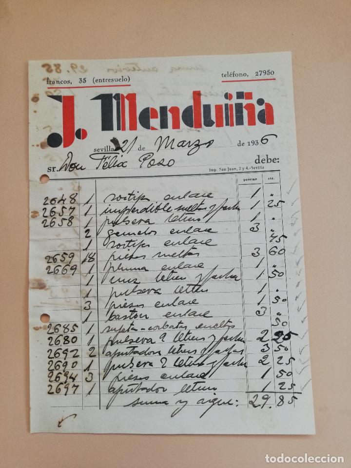 Old Invoices: FACTURA. J. MENDUI&Ntilde;A. SEVILLA, 1936.