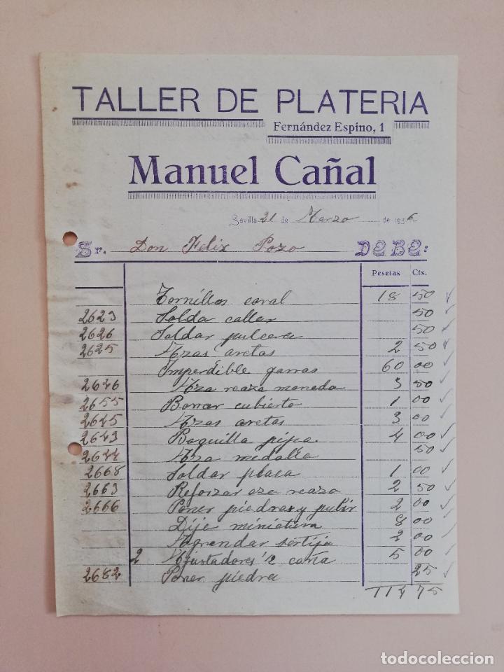 Old Invoices: FACTURA. TALLER DE PLATERIA. MANUEL CA&Ntilde;AL. SEVILLA, 1936.